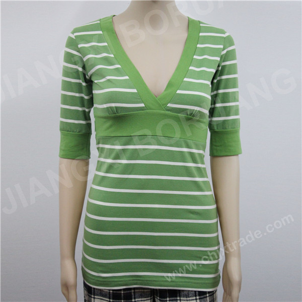 WOMENS V-NECK STRIPED SINGLE JERSEY SEXY SLIM T-SHIRT