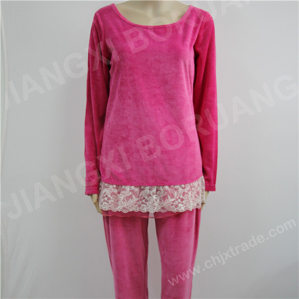 WOMENS 100%POLYESTER VELOUR PAJAMA SET WITH LACE