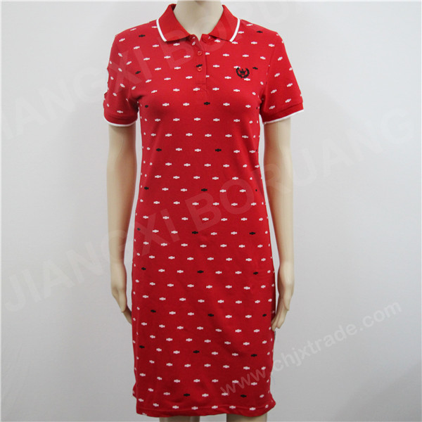 WOMENS 100%POLYESTER BEAR POLO COLLAR DRESS WITH FULL PRINT