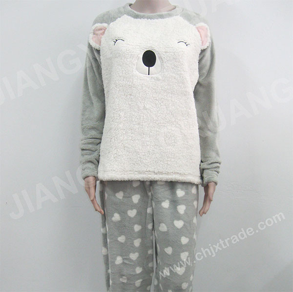 WOMENS SOFT CORAL FLEECE PAJAMA SET WITH SHERPA CHEST PATCH