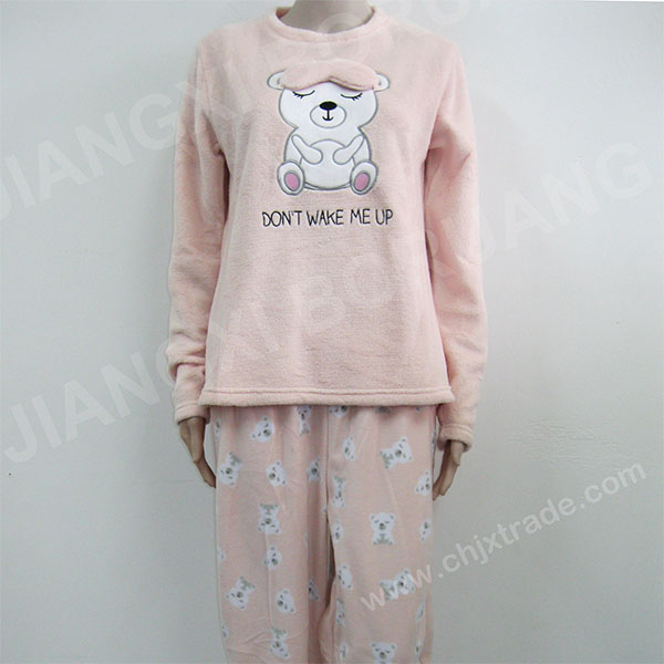 WOMENS 3D EMBROIDERY CORAL FLEECE TOP AND POLAR FLEECE PANT PAJAMA SET