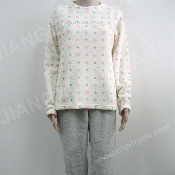 WOMENS MELANGE CORAL FLEECE 200g PAJAMA SET WITH EMBROIDERY