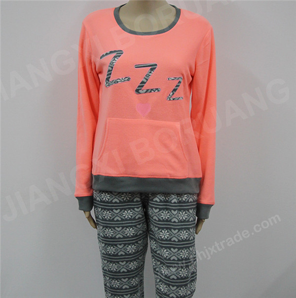 WOMENS POLAR FLEECE PAJAMA SET WITH FULL PRINT AND EMB