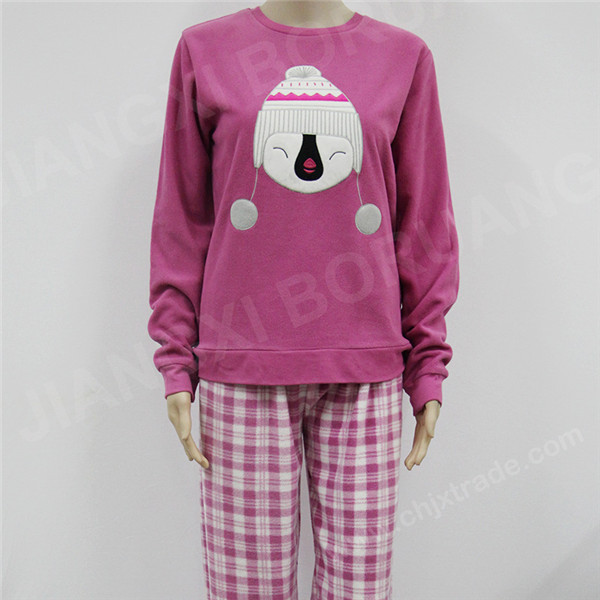 WOMENS POLAR FLEECE PAJAMA SET WITH FULL PRINT AND EMB