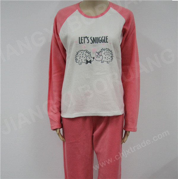 WOMENS 100%POLYESTER POLAR FLEECE PAJAMA SET WITH EMBROIDERY