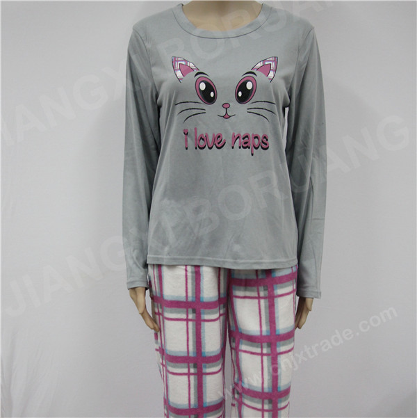 WOMENS JERSEY TOP AND CORAL FLEECE PANT PAJAMA SET WITH PRINT