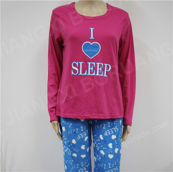 WOMENS TC 65/35 JERSEY TOP AND 100%POLYESTER CORAL FLEECE PANT PAJAMA SET WITH PRINT