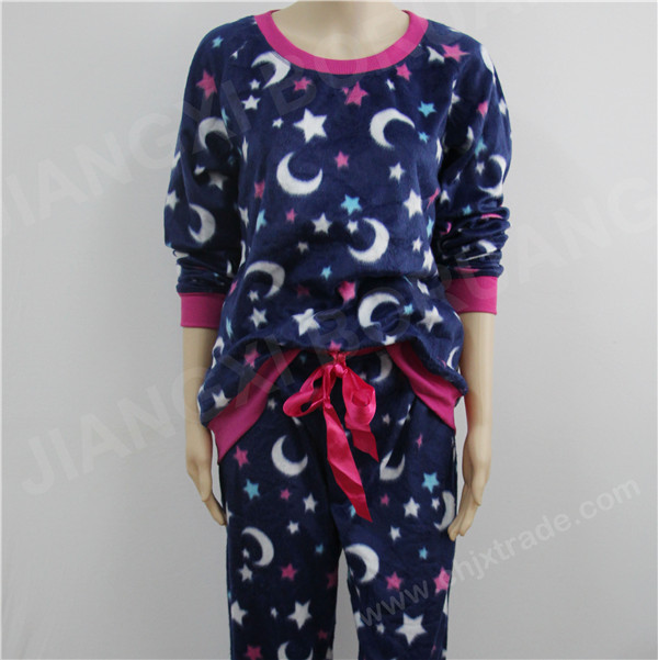 WOMENS 100%POLYESTER LONG HAIR POLAR FLEECE PAJAMA SET WITH FULL PRINT