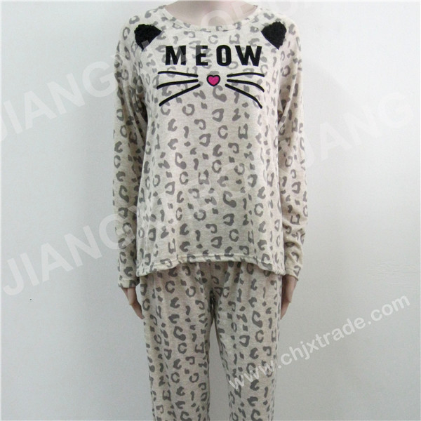 WOMENS POLYESTER SOFT FLECK PAJAMA SET WITH FLOCK PRINT